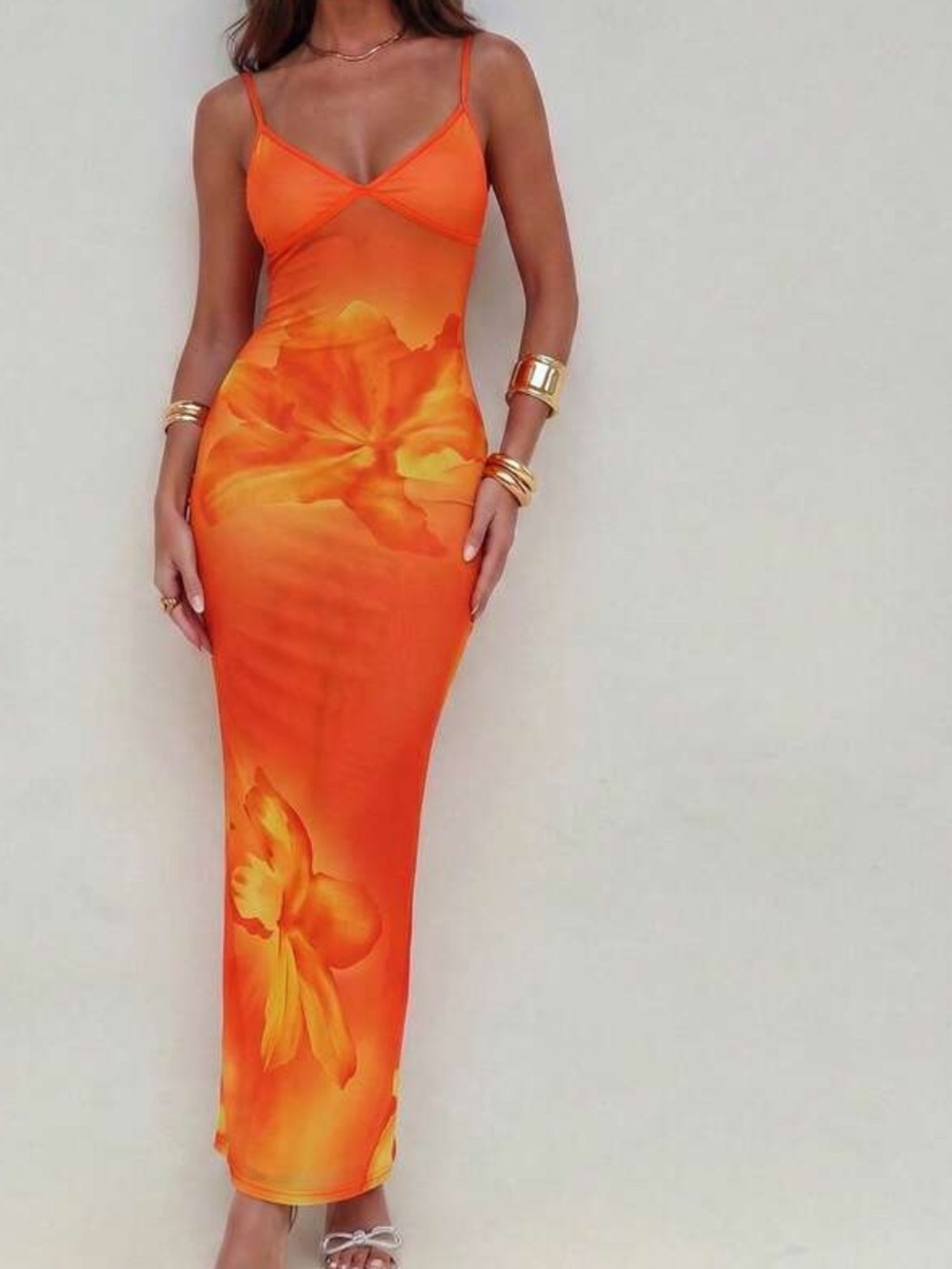 Orange Floral Bodycon Maxi Dress NEW 🏷️